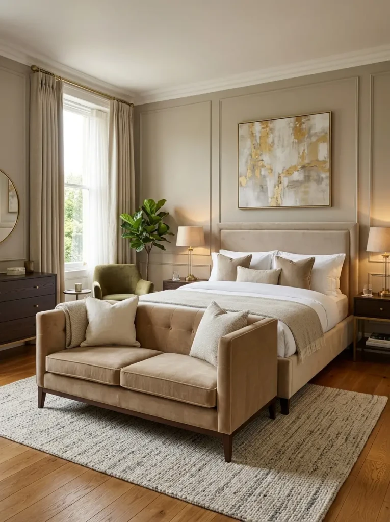 Slim sofa placed at the foot of a neatly made bed in a polished boutique-style bedroom.