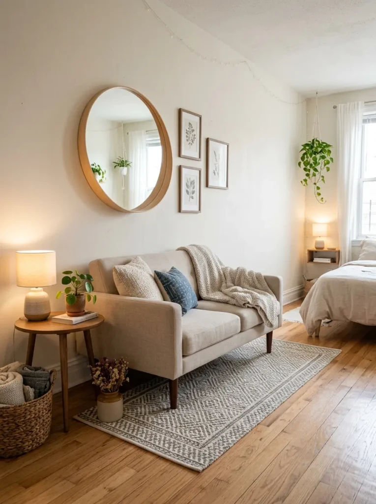 Slim sofa floating slightly away from the wall in a small bedroom with raised legs and airy light styling.