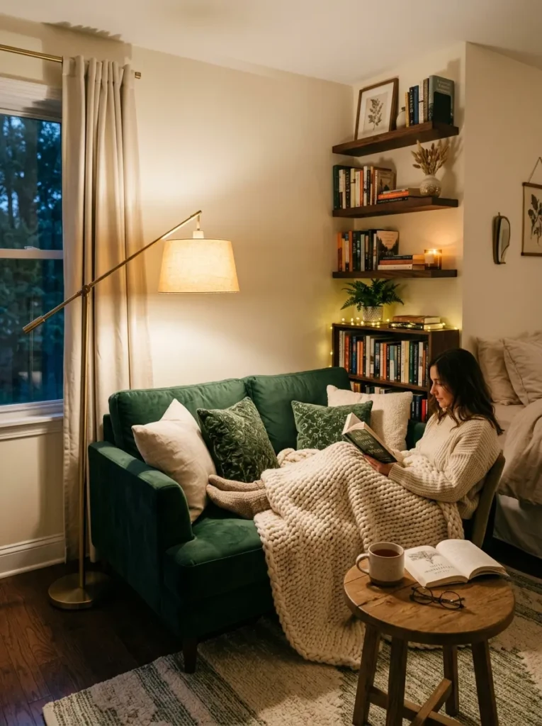 Deep sofa in a bedroom reading corner with warm lighting, bookshelves, a throw blanket, and side table.