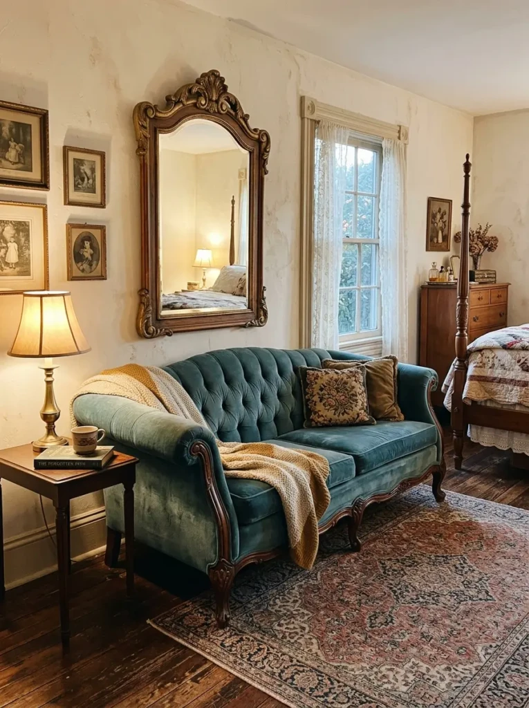 Vintage-style sofa with rolled arms and carved legs in a cozy bedroom with antique mirror and patterned rug.
