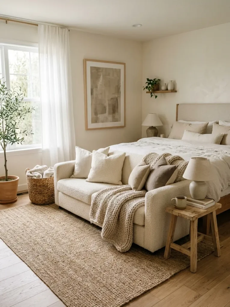 Neutral linen sofa in a calm bedroom with beige bedding, jute rug, wood accents, and layered textures.