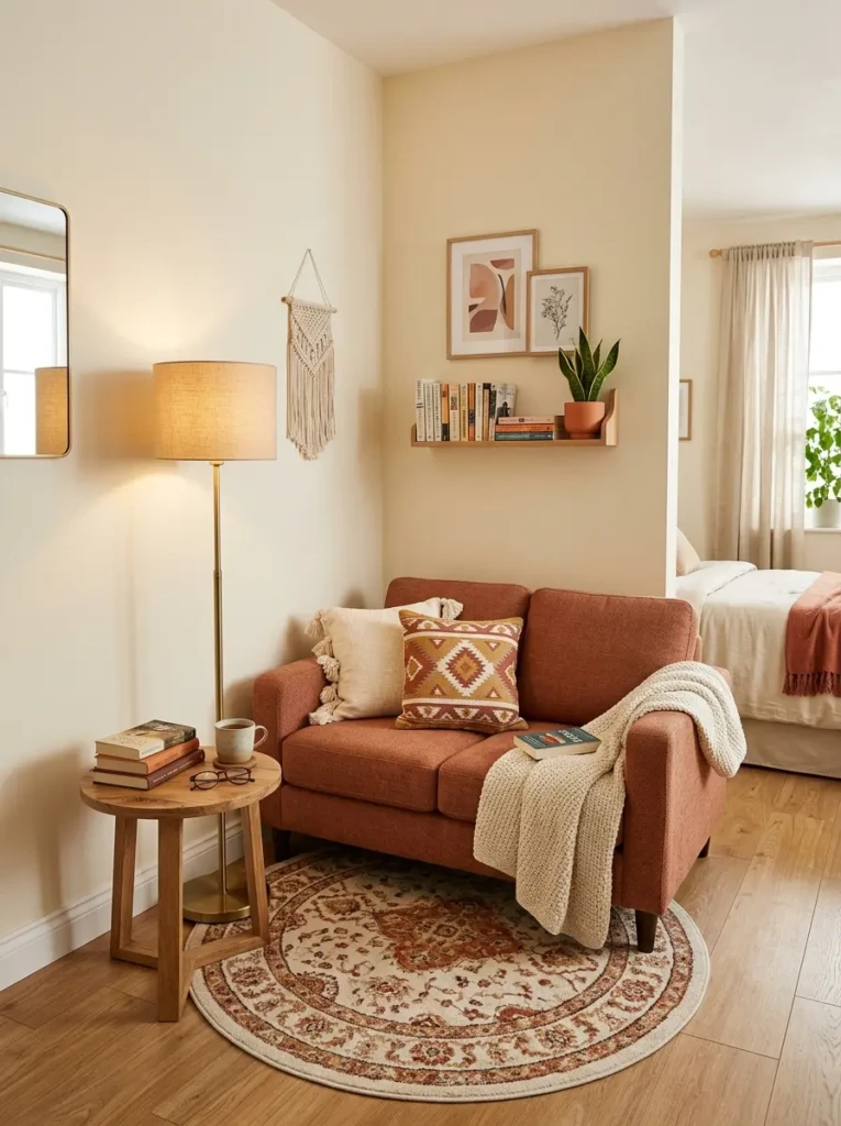 Compact sofa in a bedroom corner with a floor lamp, round side table, soft rug, and warm accents.