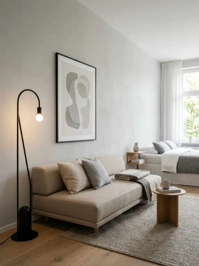 Low-profile sofa in a minimalist bedroom with clean lines, neutral colors, simple art, and uncluttered styling.