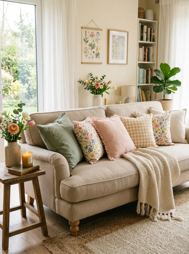 Cozy sofa styled with pastel floral pillows, sage linen cushions, gingham accents, and a textured neutral throw for spring.