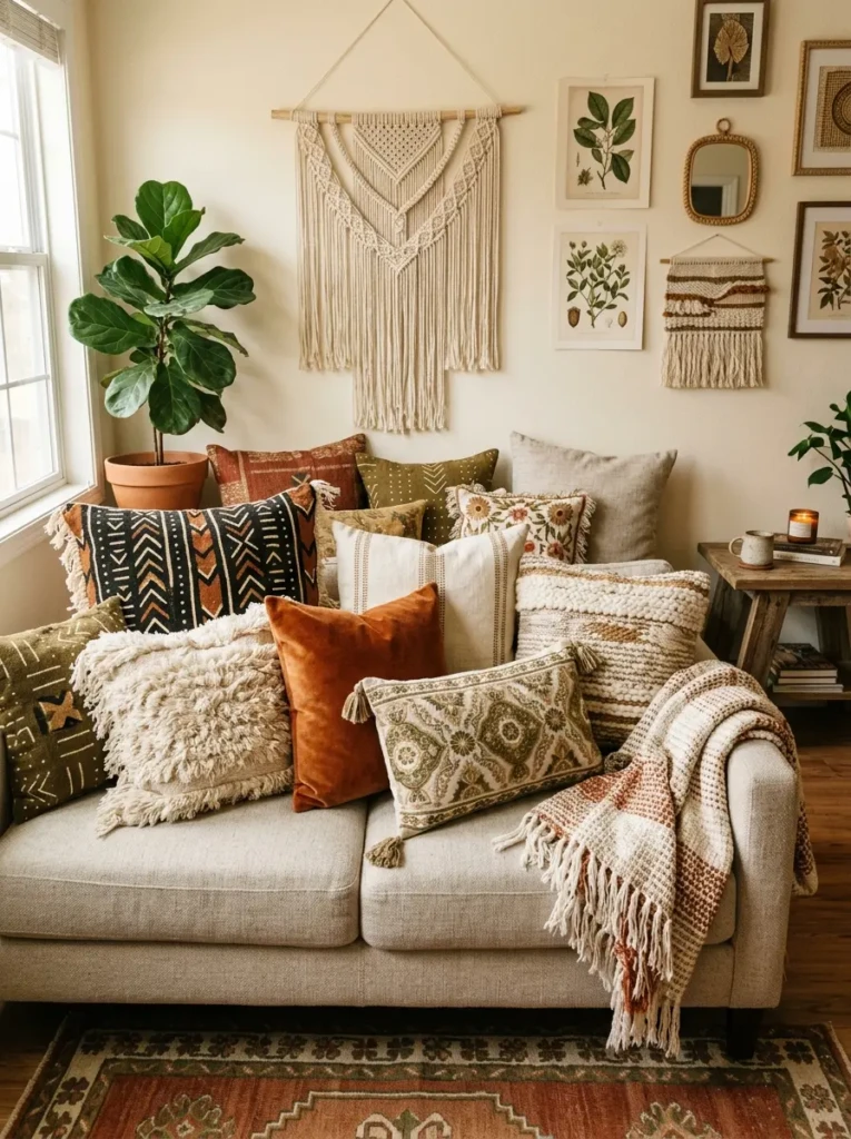 Neutral sofa styled with mixed boho pillows in mudcloth, tufted cotton, velvet, linen, and embroidered textures.