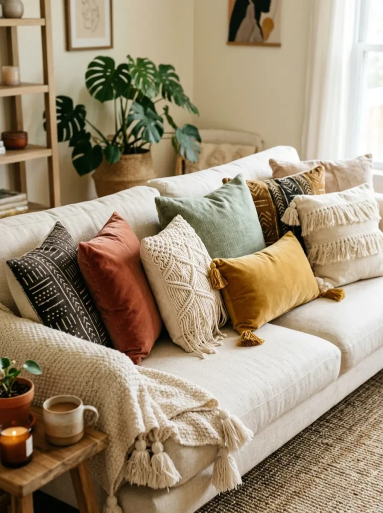 Boho sofa styled with layered throw pillows in linen, velvet, tassels, and warm earthy colors.