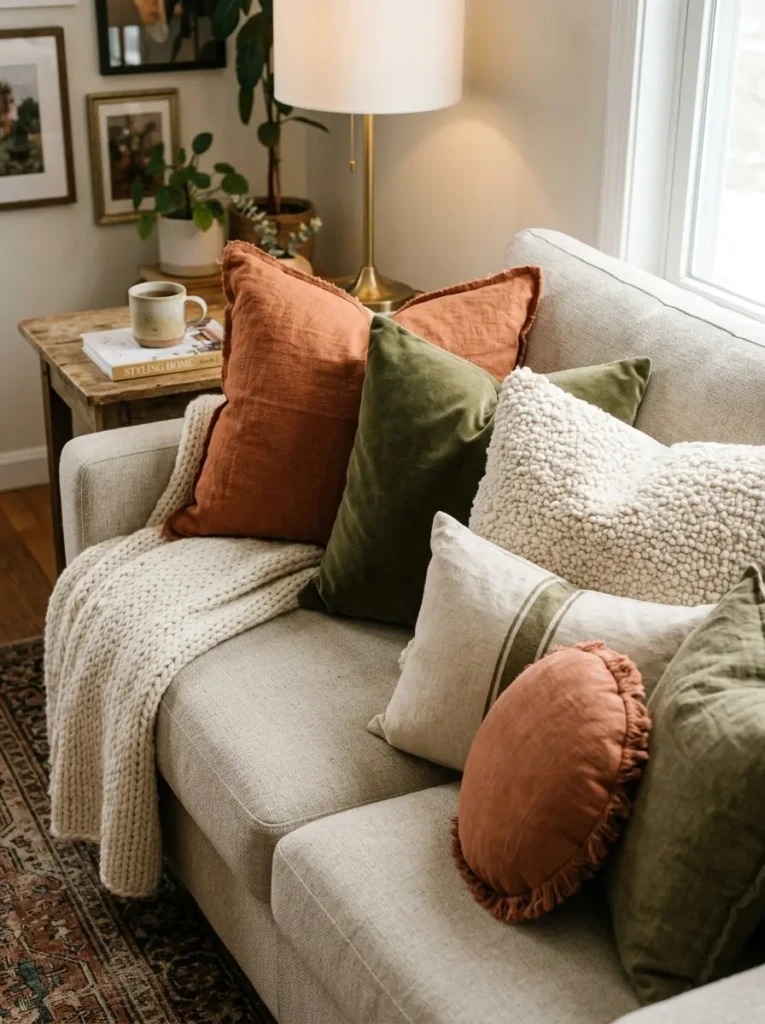 Sofa styled with mixed linen, velvet, and boucle pillow covers in cream, rust, and olive colors.