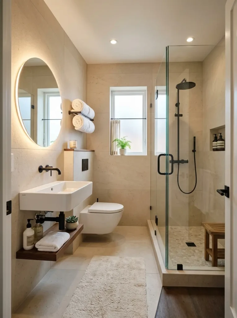 Elegant small bathroom with frameless glass shower, wall-mounted sink, and clutter-free decor.