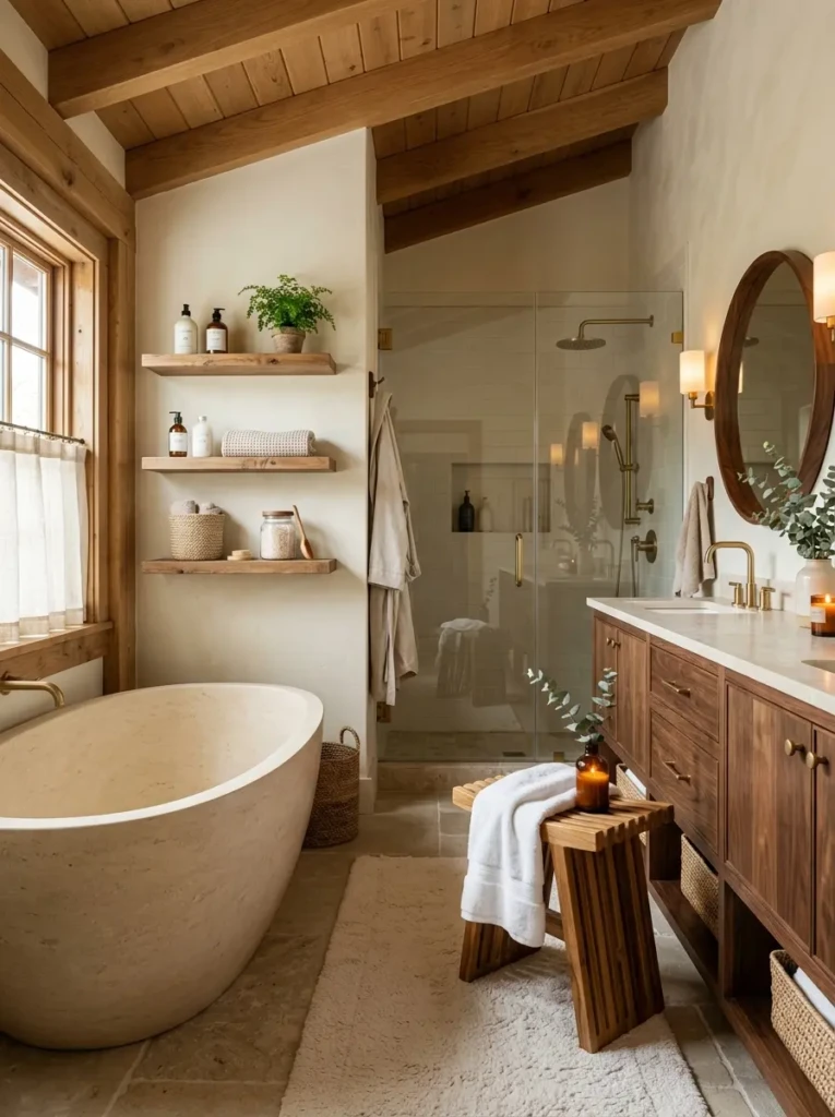 Close-up of brushed brass faucet and elegant matte black bathroom fixtures