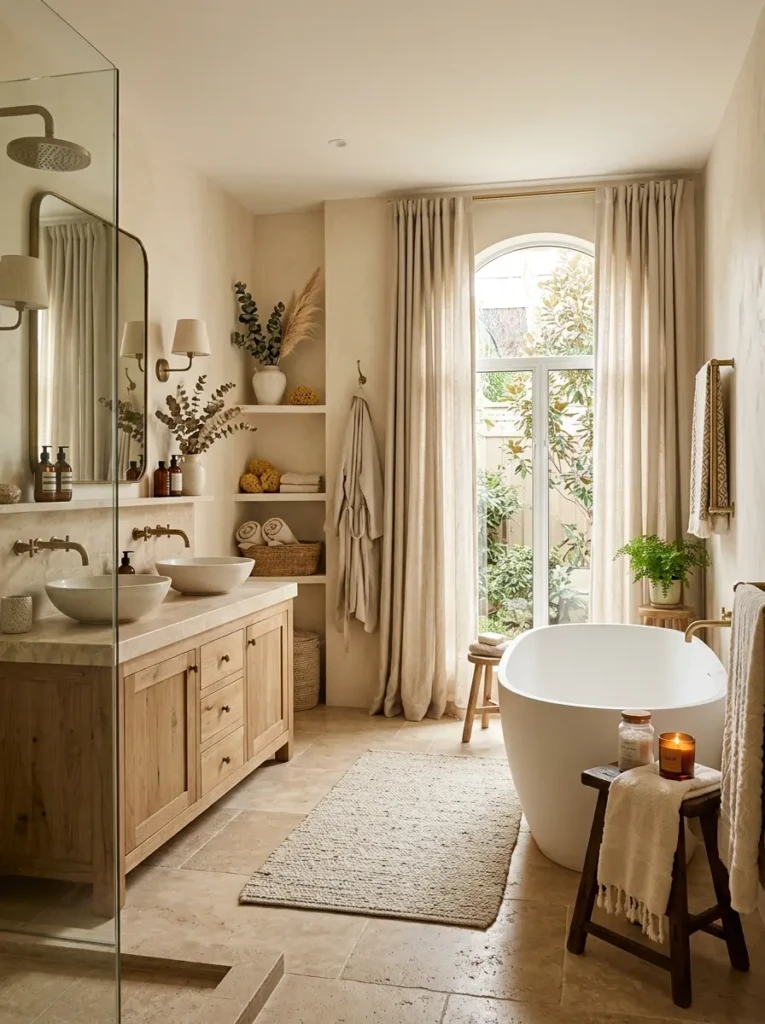 Soft neutral luxury bathroom with cream walls, stone flooring, and calming textures
