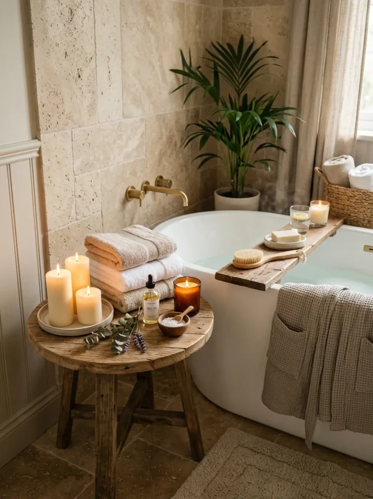 Inviting bathroom corner with candles, folded towels, side table, and relaxing luxury atmosphere.