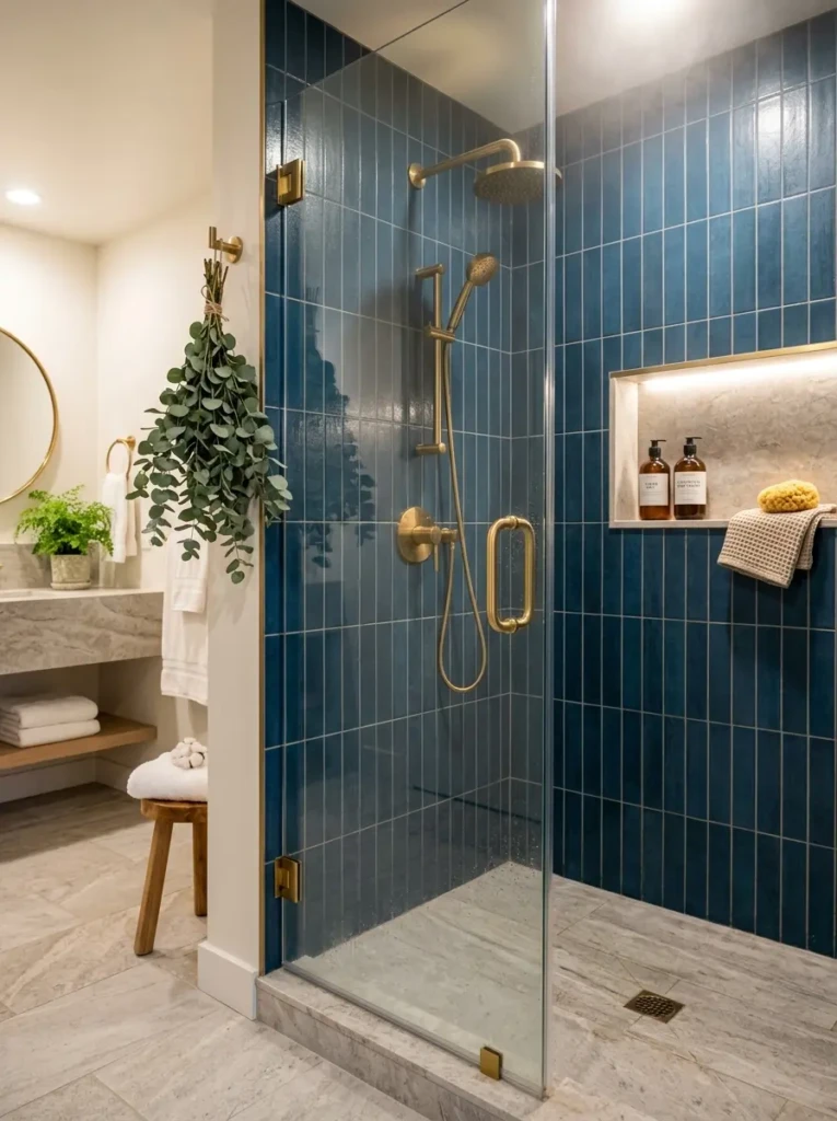 Walk-in shower with deep blue vertical tiles, glass door, brass fixtures, light stone floor, and eucalyptus.