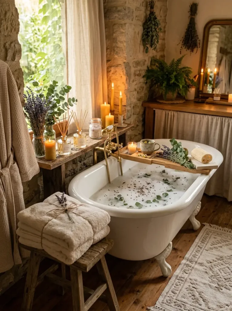 Relaxing spring bathroom with candles, diffusers, and soft ambient lighting.
