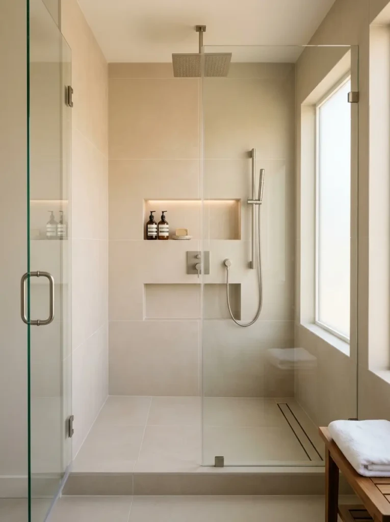 Elegant floating vanity with hidden drawers, LED lighting, and clean minimalist bathroom styling.