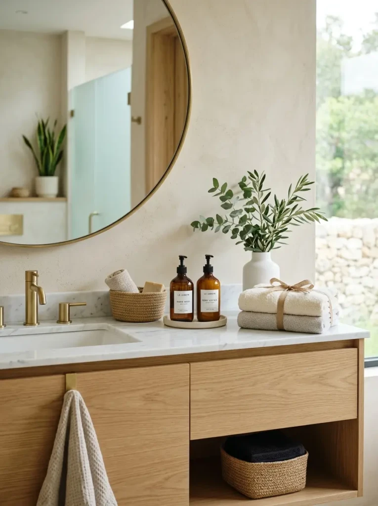 Modern bathroom vanity with matching dispensers, folded towels, and soft natural textures.