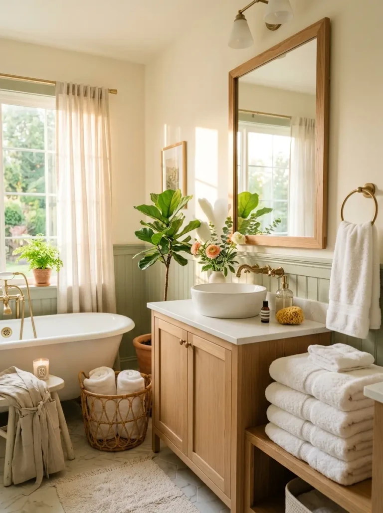 Bright and cozy spring bathroom with soft sunlight, fluffy towels, airy decor, and elegant spa-inspired styling.