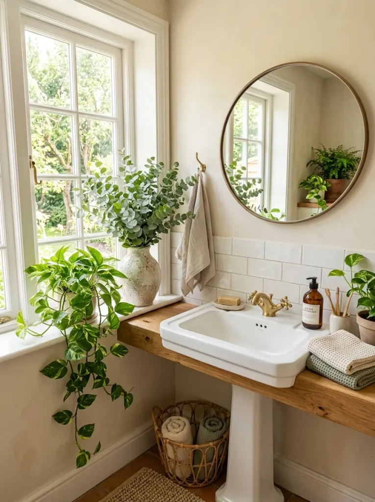 Spring bathroom decorated with eucalyptus plants and natural greenery near the sink.