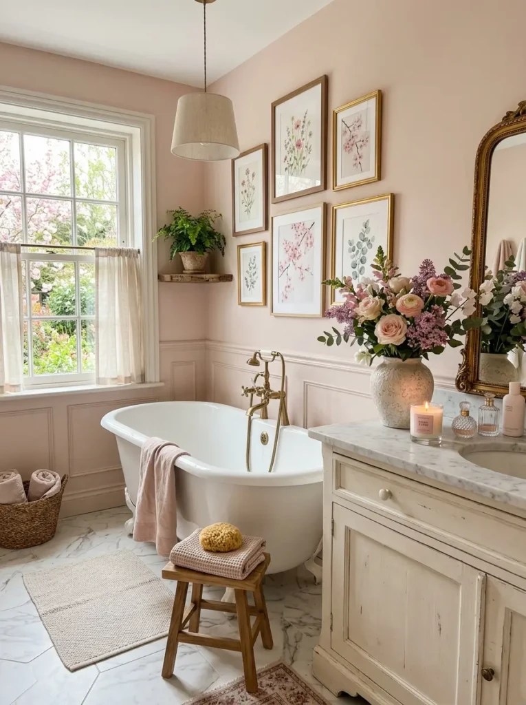 Charming spring bathroom with blush floral accents and botanical wall art.