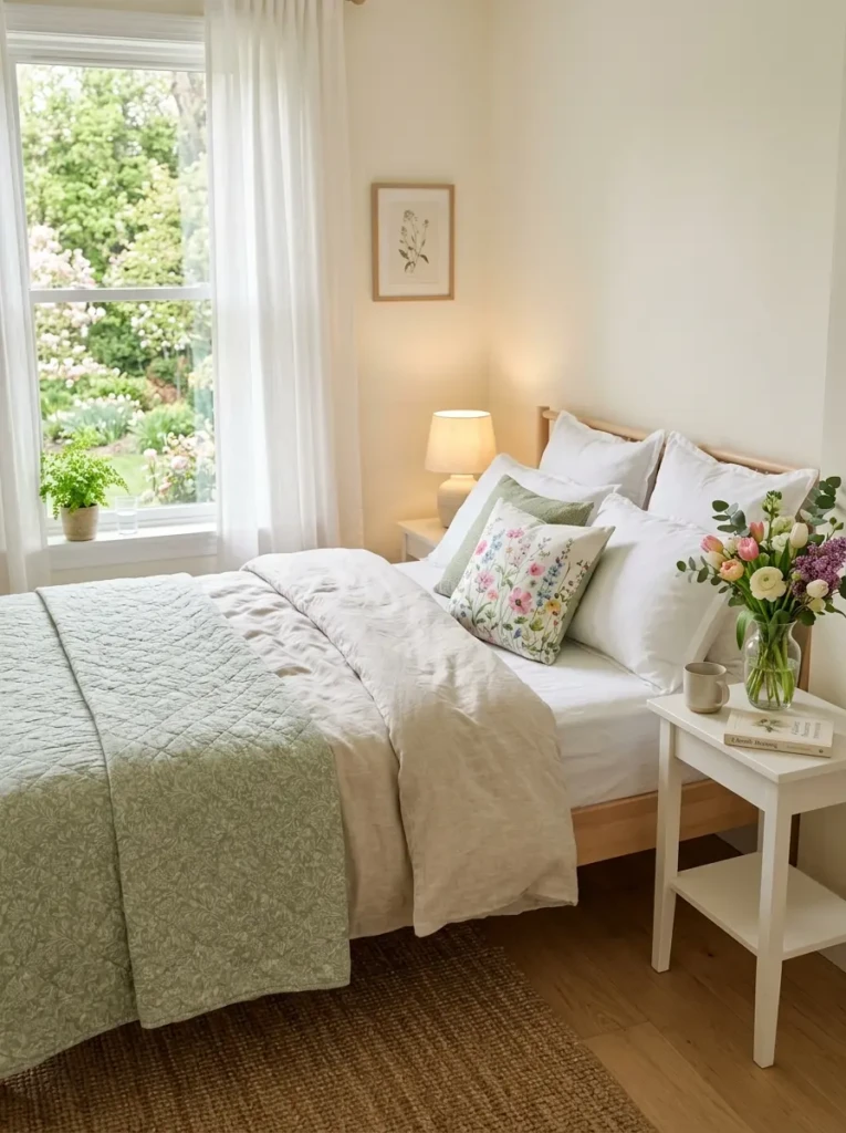 Airy spring bedroom with white cotton sheets, linen duvet, pale green quilt, floral pillow, fresh flowers, and warm bedside lamp.