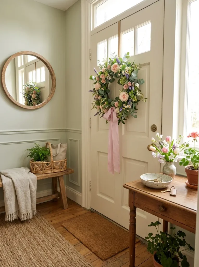 Charming spring entryway with a floral wreath, woven basket, wooden bench, linen throw, round mirror, and soft pastel accents.