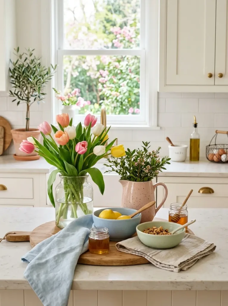 Tulips and pastel ceramics creating airy seasonal kitchen decor