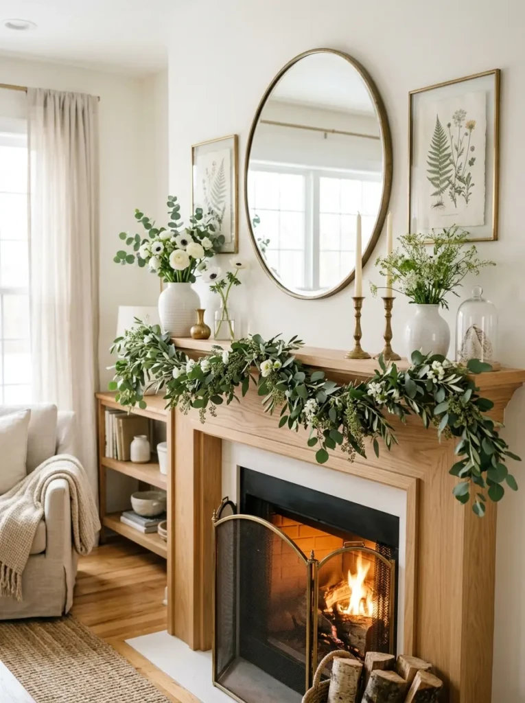 Elegant spring mantel decorated with eucalyptus garland, botanical prints, vintage mirror, white ceramics, glass accents, and brass candlesticks.