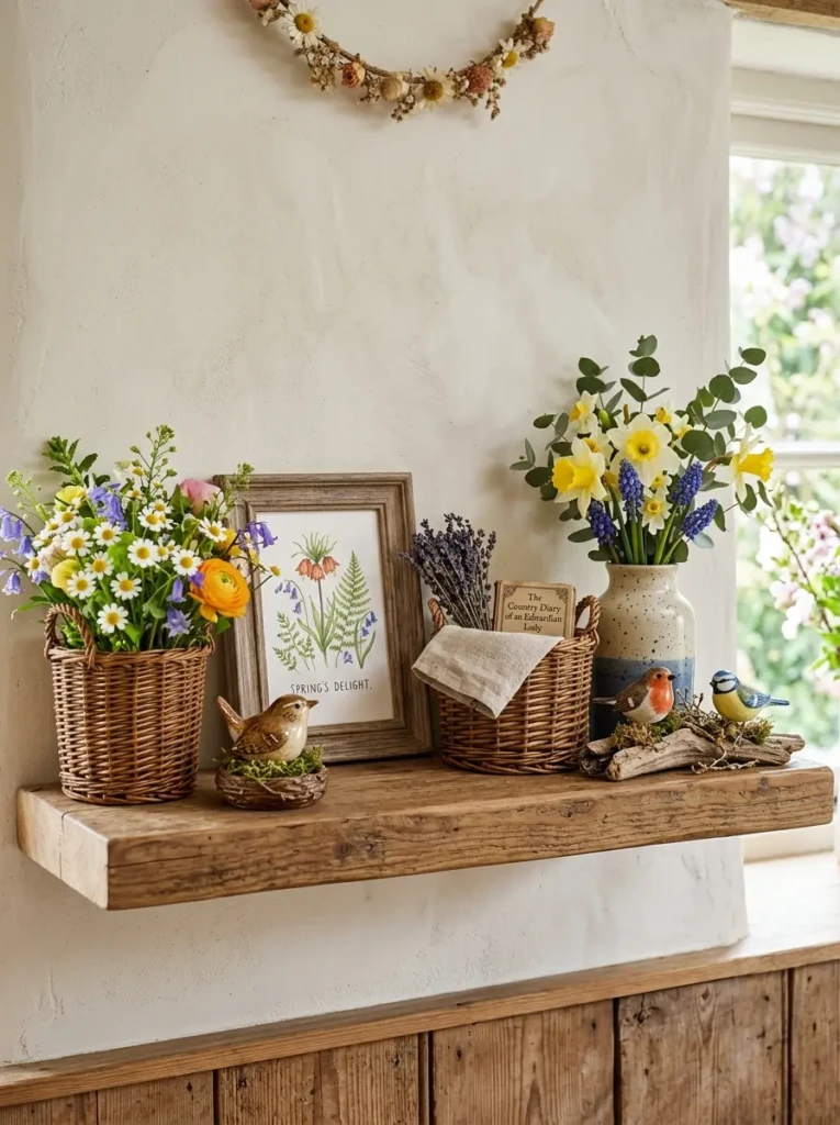Floating shelves decorated with woven baskets, ceramic birds, and spring flowers
