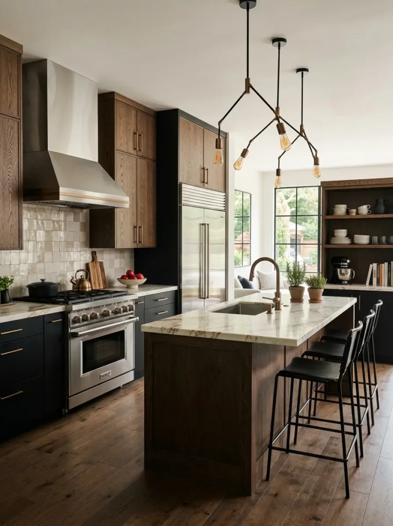 Modern kitchen with stainless steel appliances and bronze decorative accents.