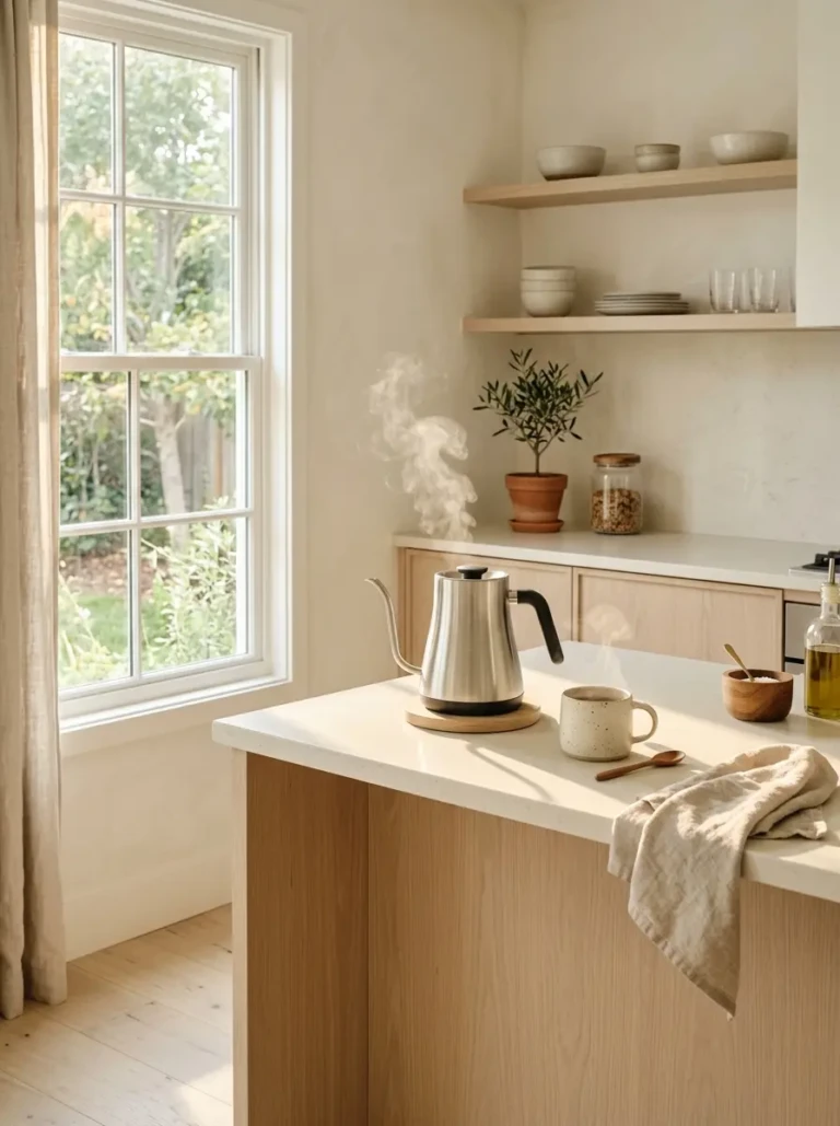 Sunlight fills a cozy minimalistic kitchen with cream countertops, pale wood accents, and a steaming kettle.