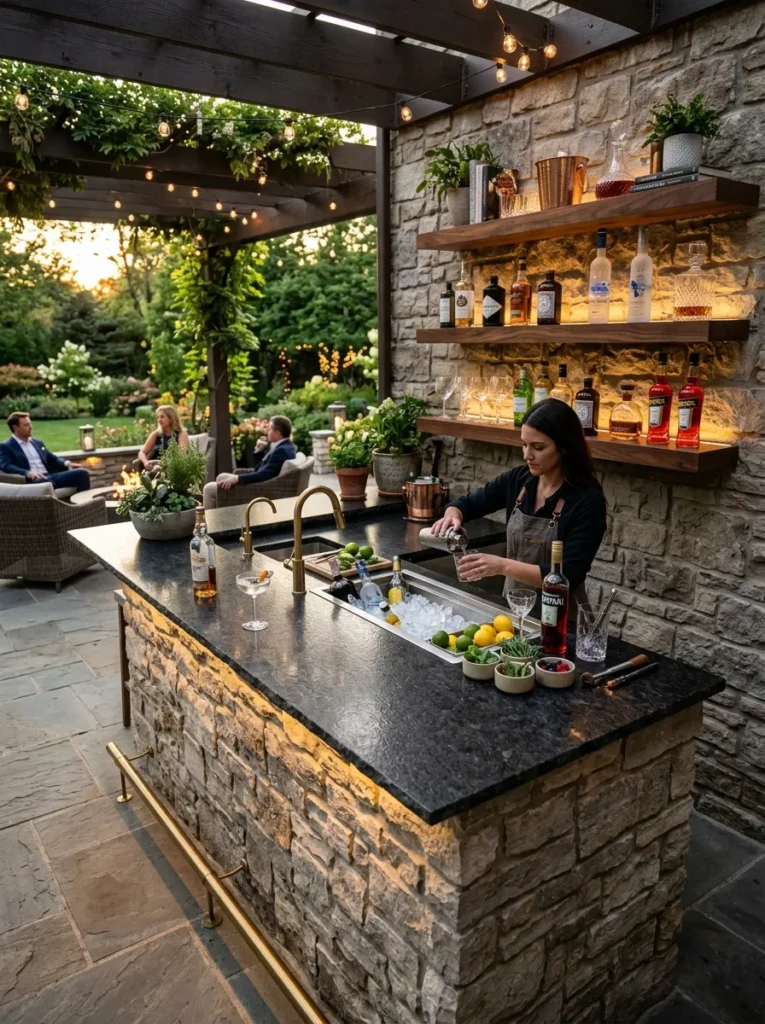 Outdoor bar area with stone countertop, shelving, and beverage refrigerator