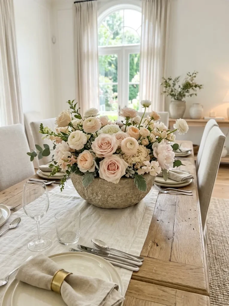 Stone bowl centerpiece filled with blush and cream flowers