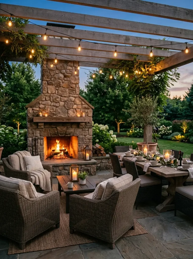 Elegant backyard kitchen with fireplace and warm ambient lighting