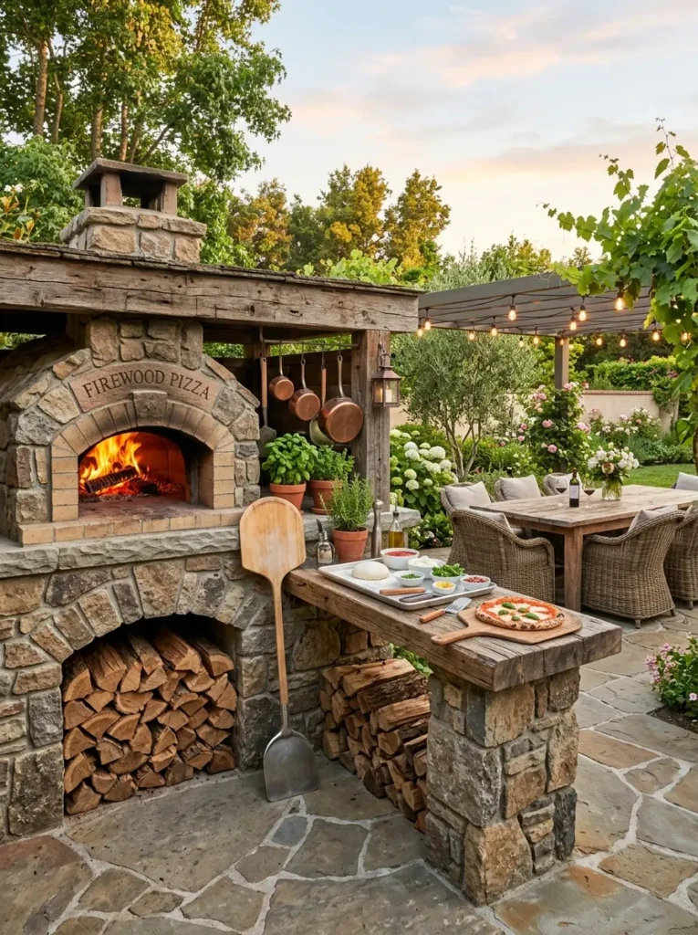 Outdoor pizza kitchen with prep counters, seating, and firewood storage
