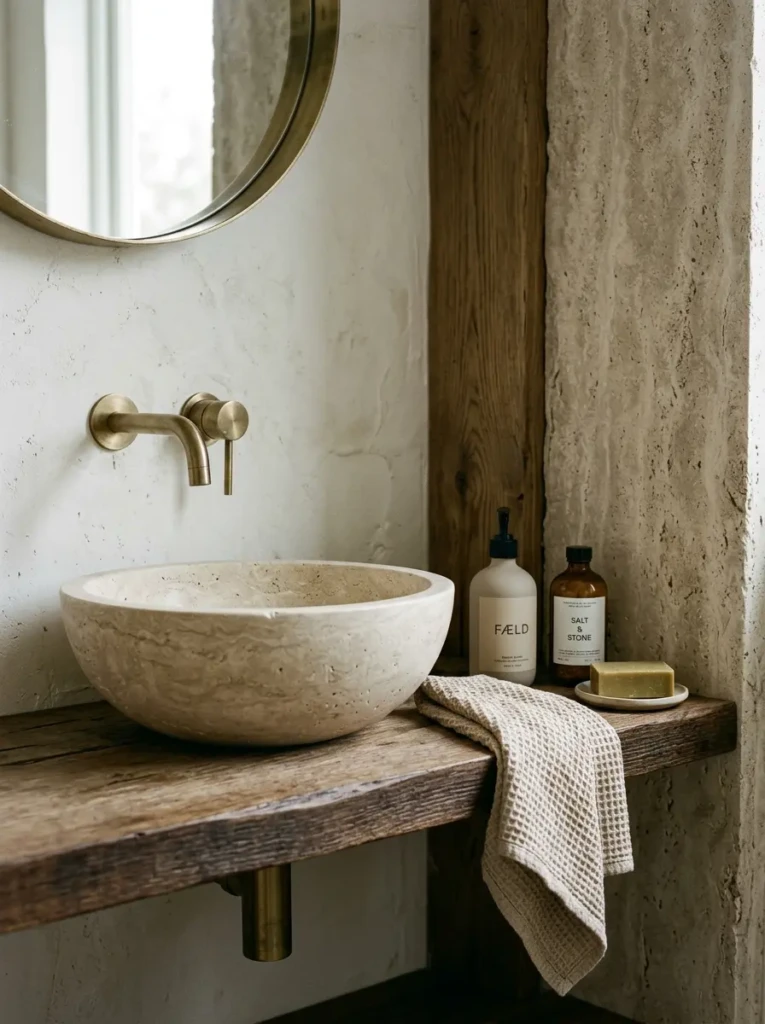 Close-up of textured stone, plaster walls, matte ceramics, and natural wood bathroom accents.