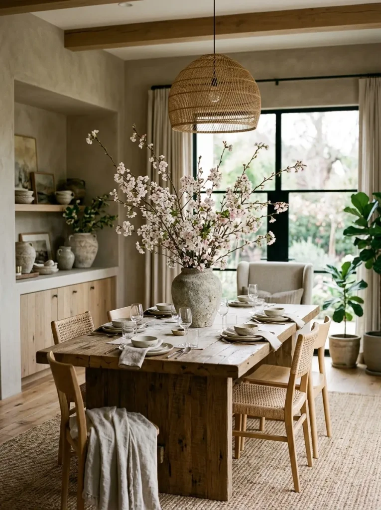Stone vase with tall branches in a warm and elegant dining room
