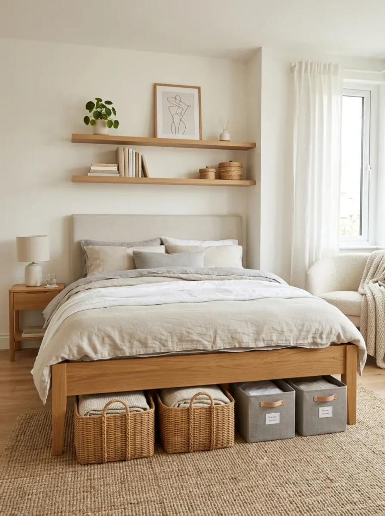 Modern bedroom with under-bed storage and decorative linen bins
