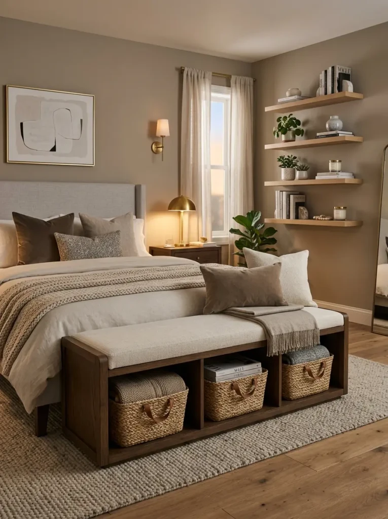 Elegant bedroom with storage bench, woven baskets, and organized decor