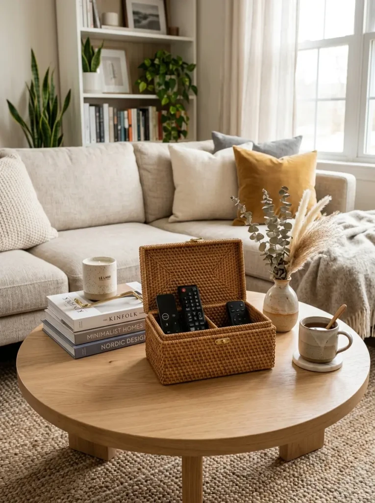 Decorative storage box and cozy decor styling on modern coffee table