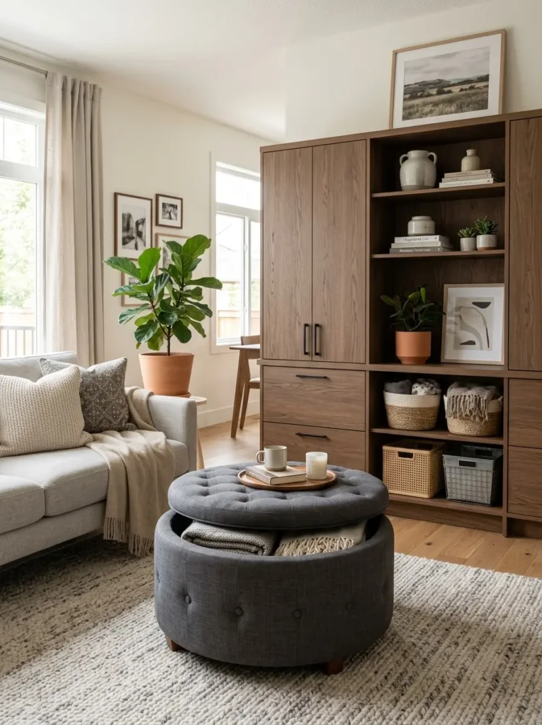 Cozy living room with storage ottoman, wooden cabinets, and elegant organization.