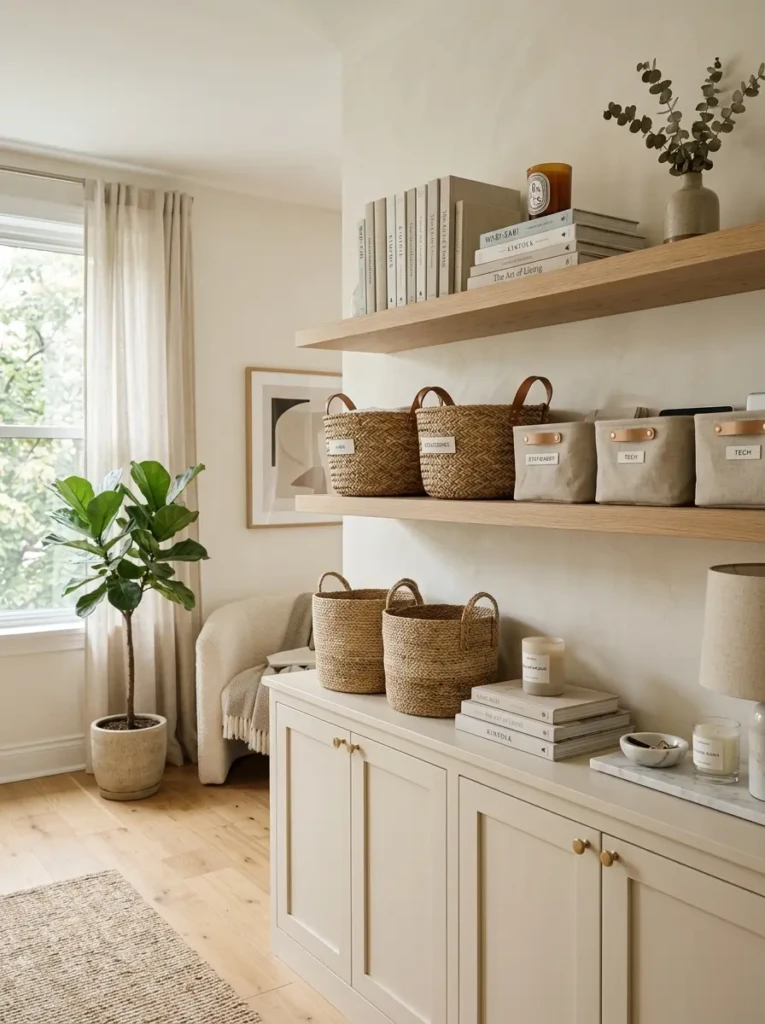 Elegant storage setup with baskets, linen bins, candles, and floating shelf decor.