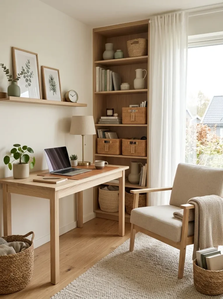 Scandinavian-inspired study room featuring woven baskets, matte ceramics, and soft cotton textures.