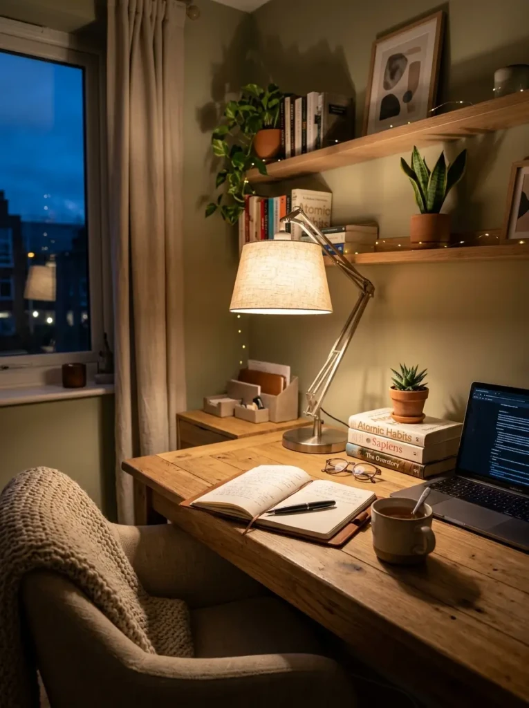 Warm LED desk lamp glowing in a minimalist workspace with soft ambient lighting and calming decor.
