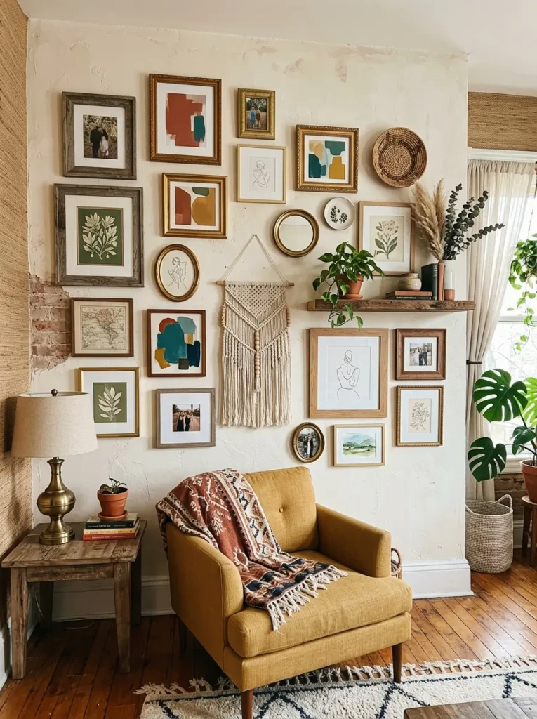 A relaxed and creative wall layout combining different album covers, textures, and frame styles.