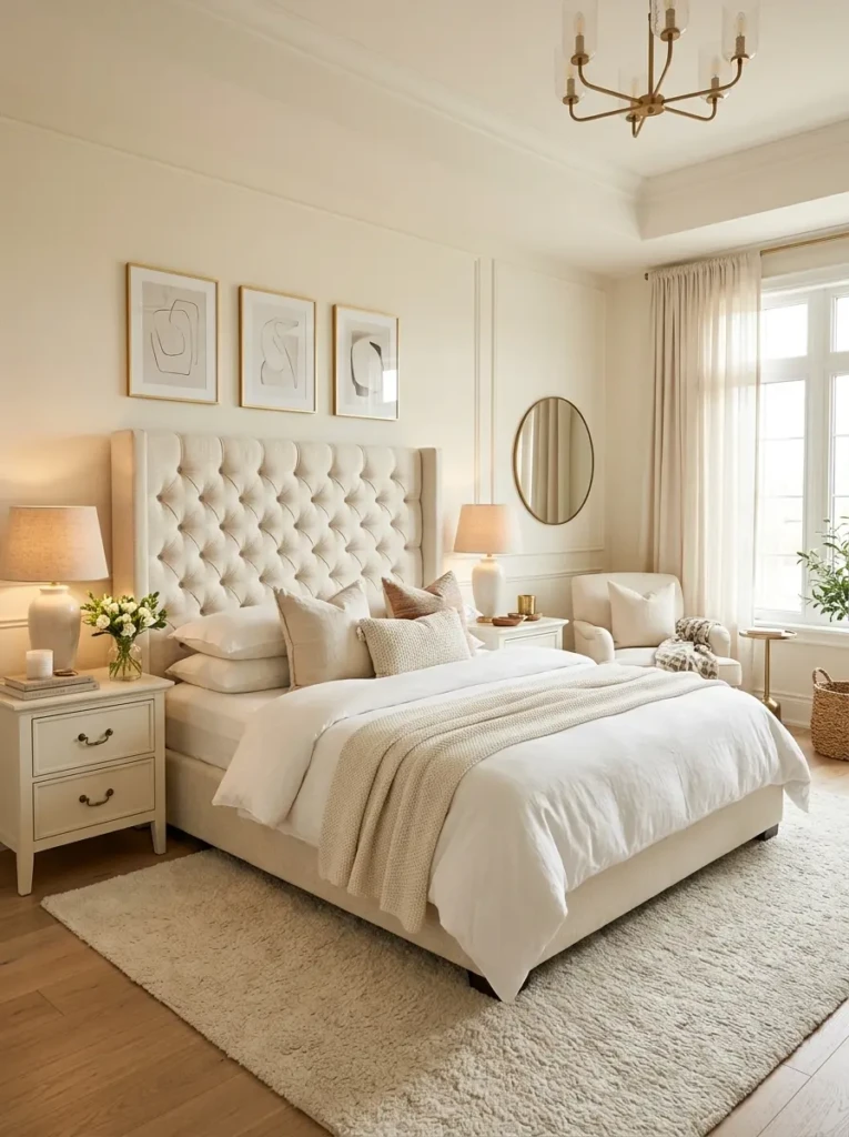 A stylish bedroom with a large upholstered headboard adding texture and sophistication to a white space