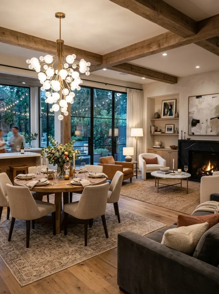 Flexible entertaining hub combining lounge seating, dining space, and elegant decor.