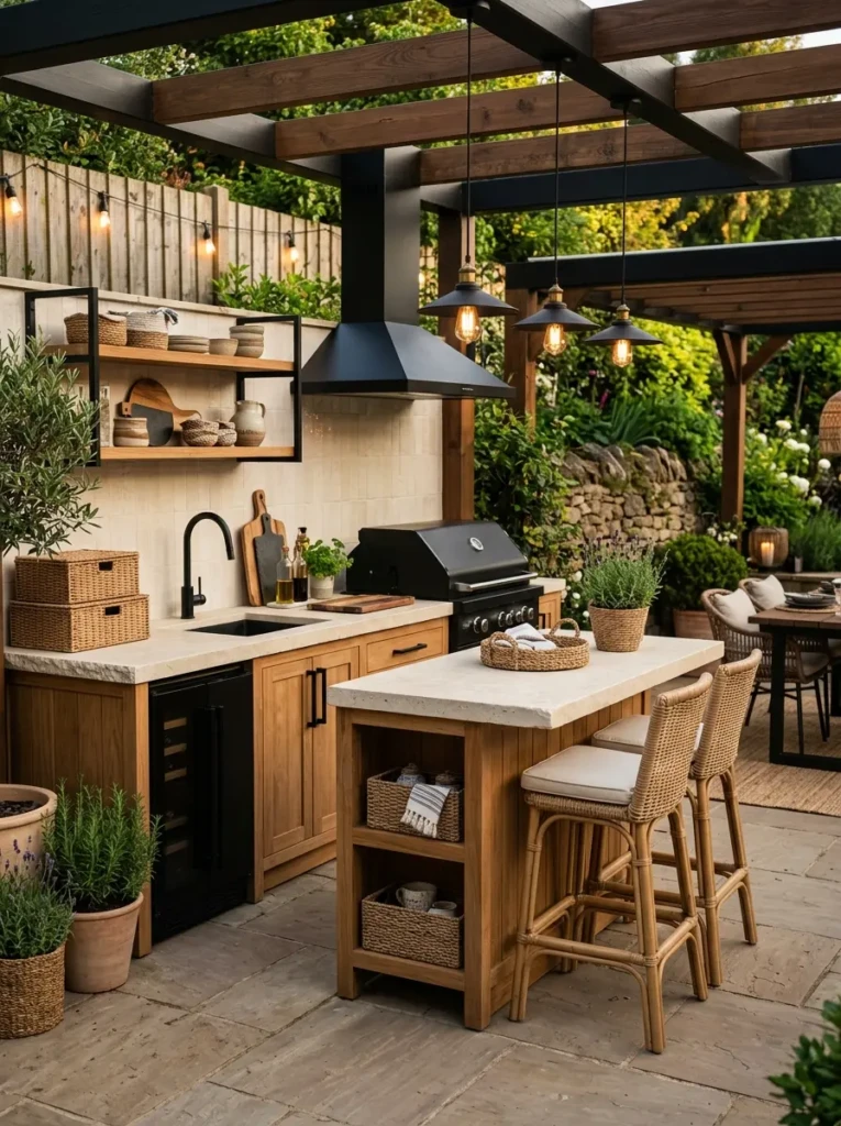 Stylish small outdoor kitchen with matte black fixtures, wood textures, and elegant stone counters.