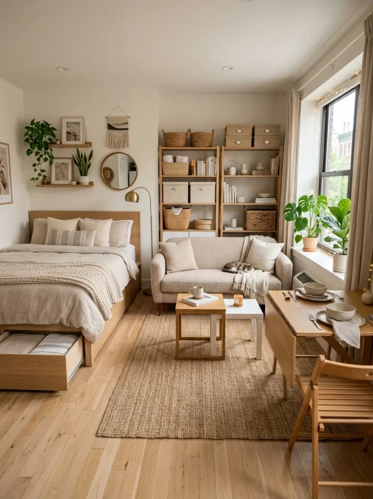 Studio apartment with storage bed, nesting tables, and foldable dining table