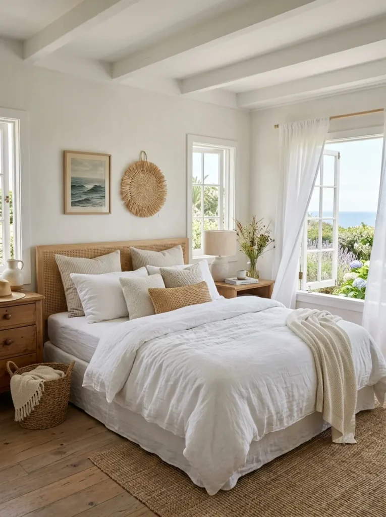 A light airy bedroom with white linen bedding, soft sunlight, and relaxed summer textures.