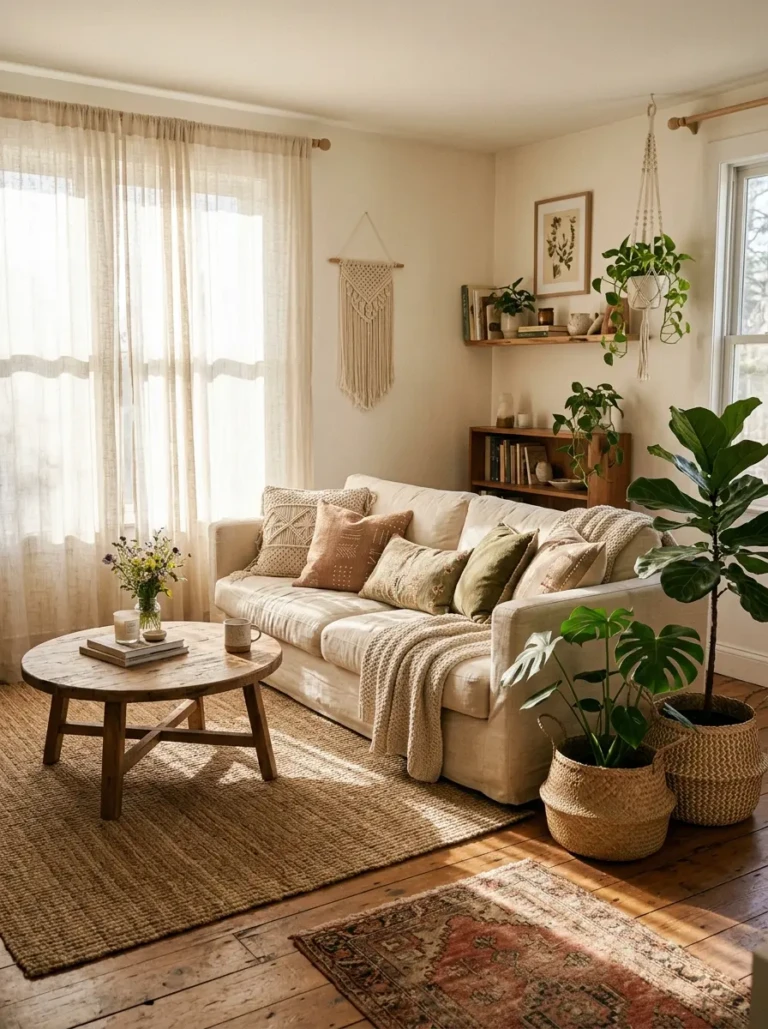 Sunlight flowing through sheer curtains into a warm boho living room filled with soft textiles and natural decor