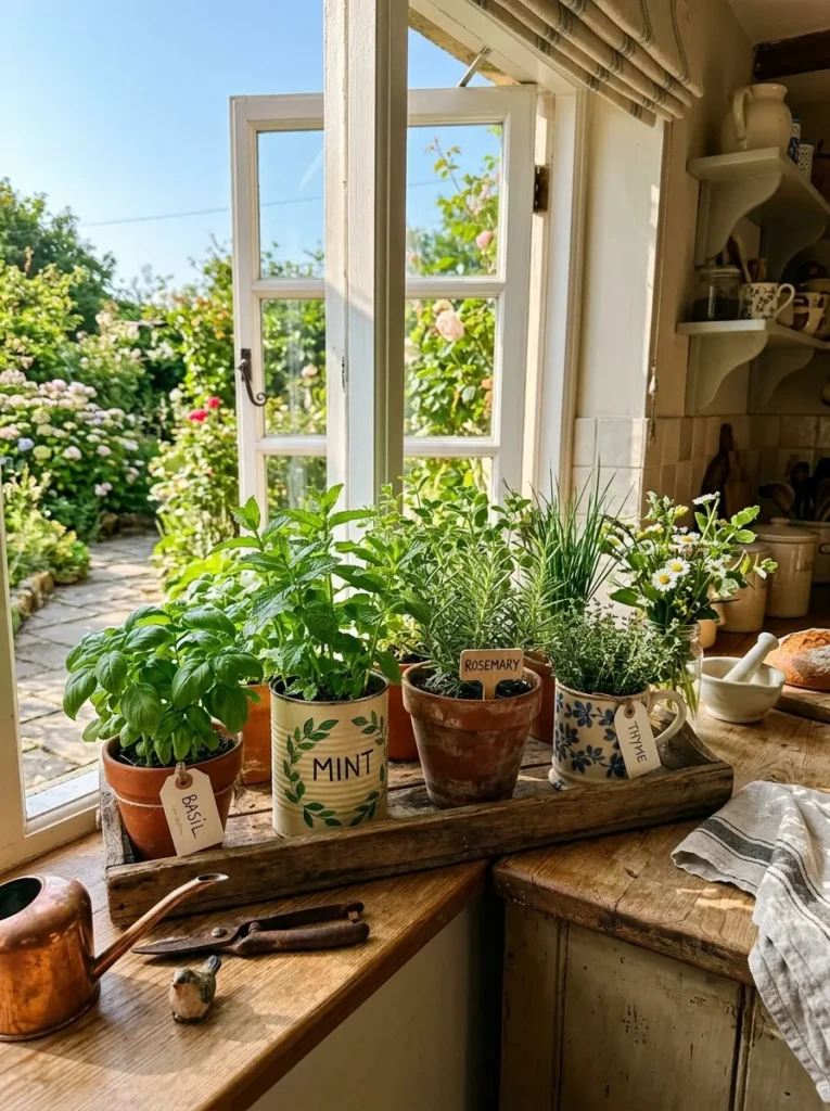 Sunny kitchen windowsill with potted basil, mint, rosemary, and thyme in terracotta pots, ceramic mugs, and labeled containers.